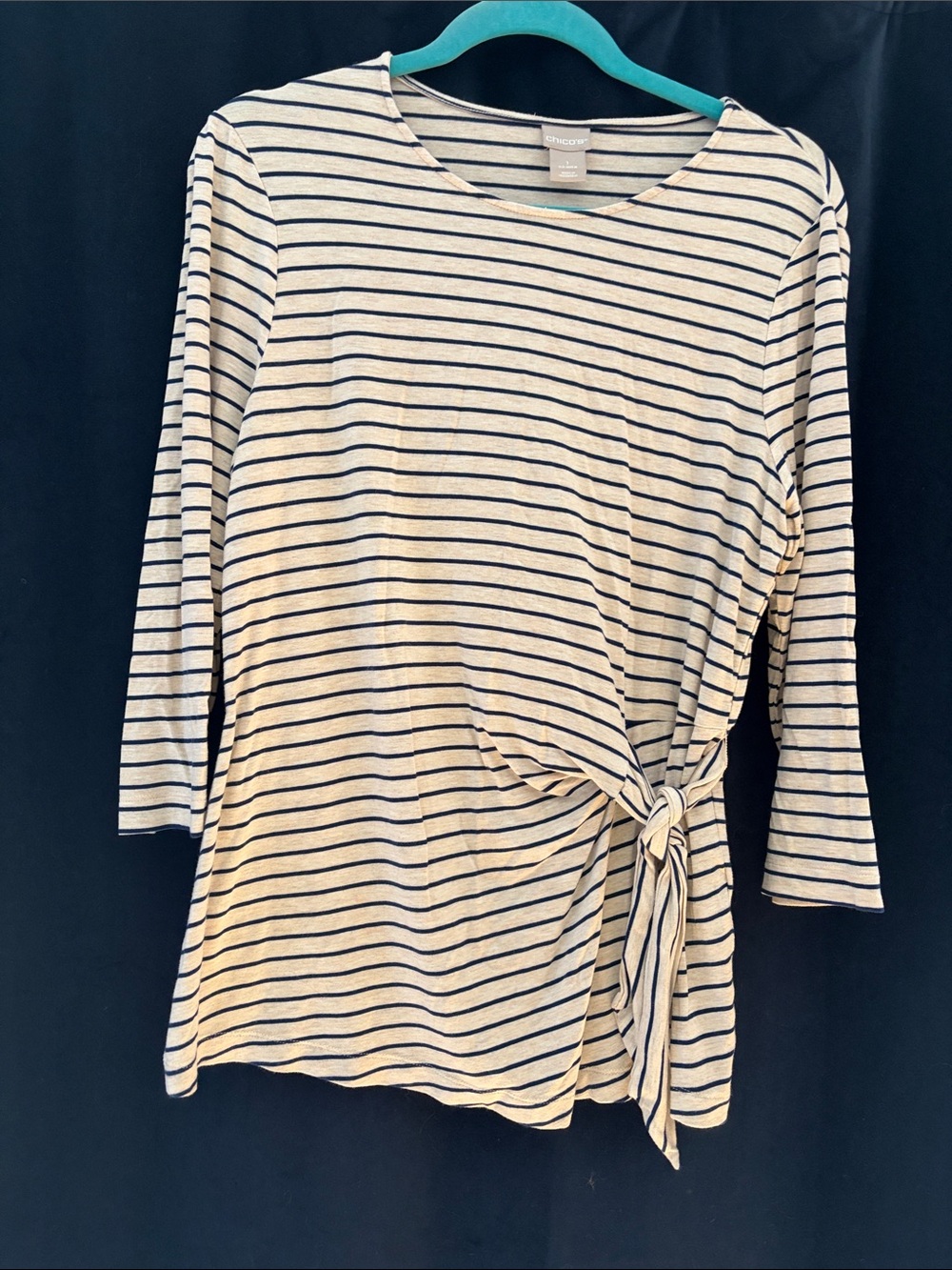 Chico's Cream and Navy Striped Knot-Accent Top